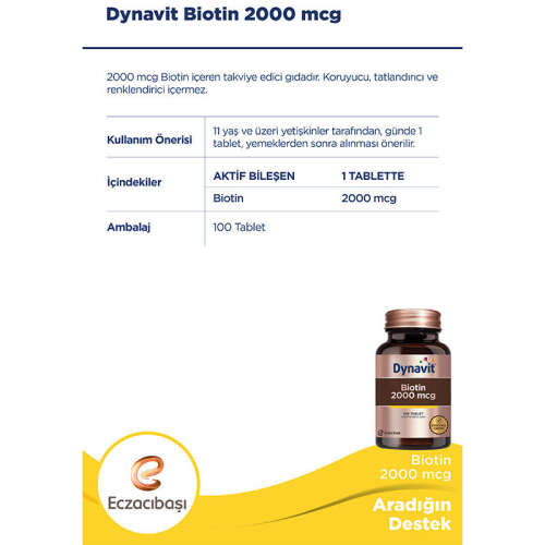 Eczacıbaşı Dynavit Biotin 2000 mcg Takviye Edici Gıda 100 Tablet - 3