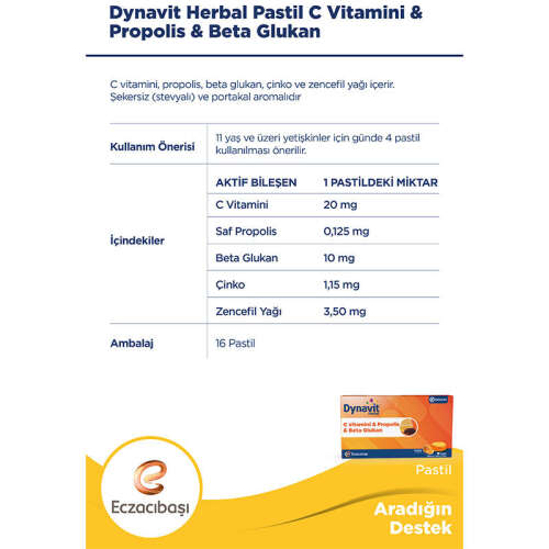 Eczacıbaşı Dynavit Herbal C Vitamini - Propolis ve Beta Glukan İçerikli Pastil 16 Adet - 3