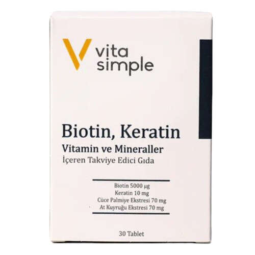 Vita Simple Biotin,Keratin,Vitamin ve Mineraller İçeren Takviye Edici Gıda 30 Tablet - 3